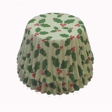 Cupcake Cases - Patterned - Green with Holly