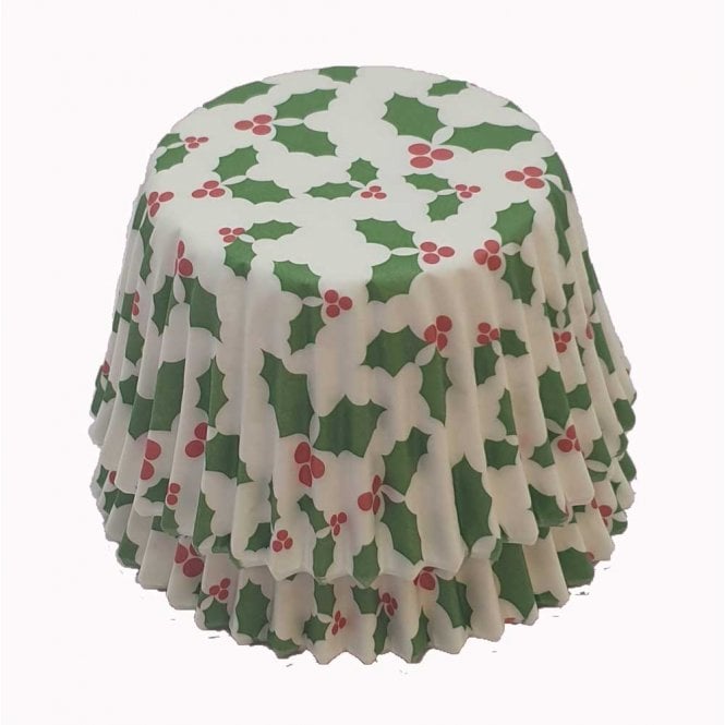 Cupcake Cases - Patterned - White with Holly