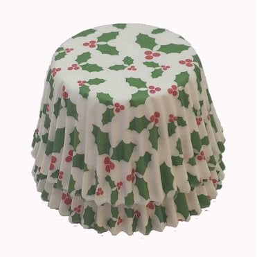 Cupcake Cases - Patterned - White with Holly