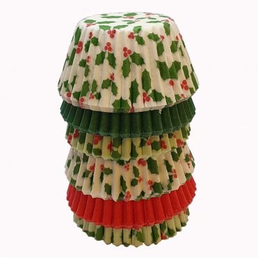 Mini Cupcake Cases - Mixed - Holly, Red and Green