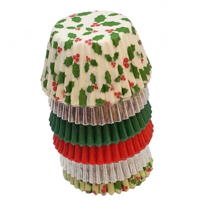 Mini Cupcake Cases - Mixed - Holly, Red, Green and Silver