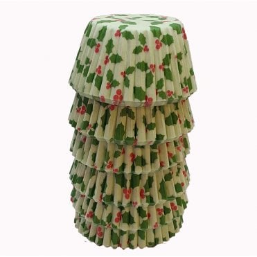 Mini Cupcake Cases - Patterned - Green Holly
