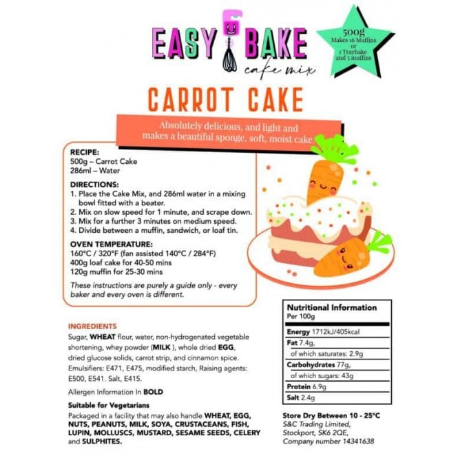 Sugar and Crumbs Easy Bake Cake Mix - Carrot Cake