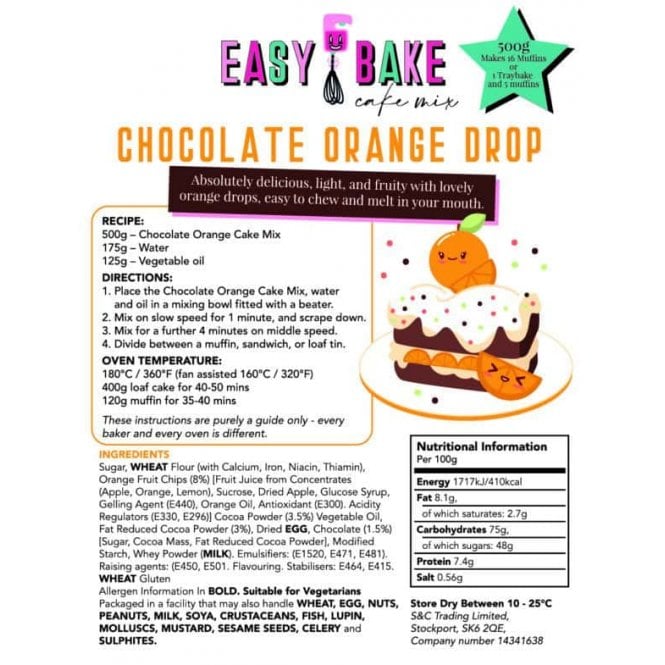 Sugar and Crumbs Easy Bake Cake Mix - Chocolate Orange Drop Cake